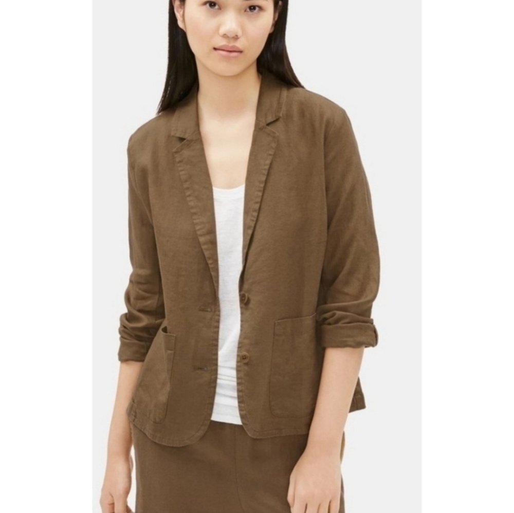Eileen Fisher | Brown Notch Collar Pine Needle Organic Linen Blazer